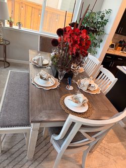 Farmhouse Dining Table with Chairs and Bench