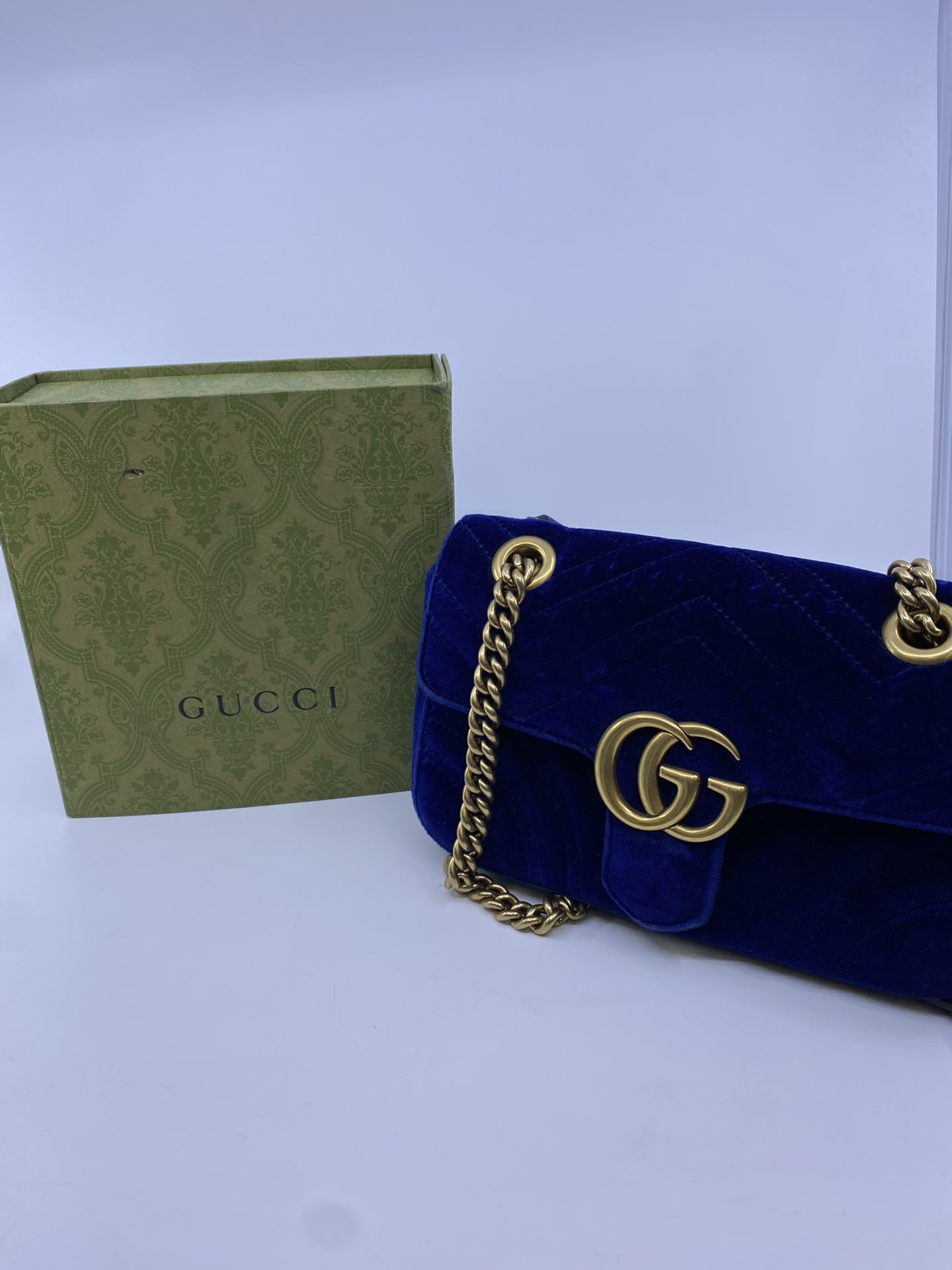 $700 Gucci Small GG Blue Velvet Marmont Maletasse Love Embroidered Crossbody Bag