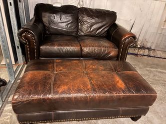 Dark Brown Leather Loveseat and Ottoman Set