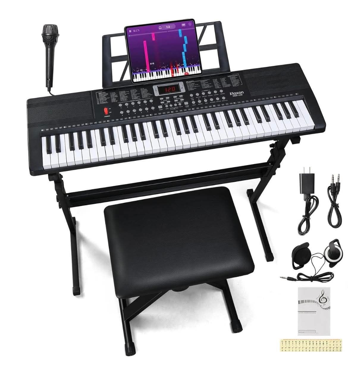 NEW IN BOX -Ktaxon 61-Key Electric Keyboard Piano Kit with Headphones, Microphone, Music Stand, Power Adapter, Stand, Bench, and Manual (Black)