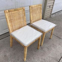 Set of 2 natural finished wood & rattan dining chairs with cushion NEW