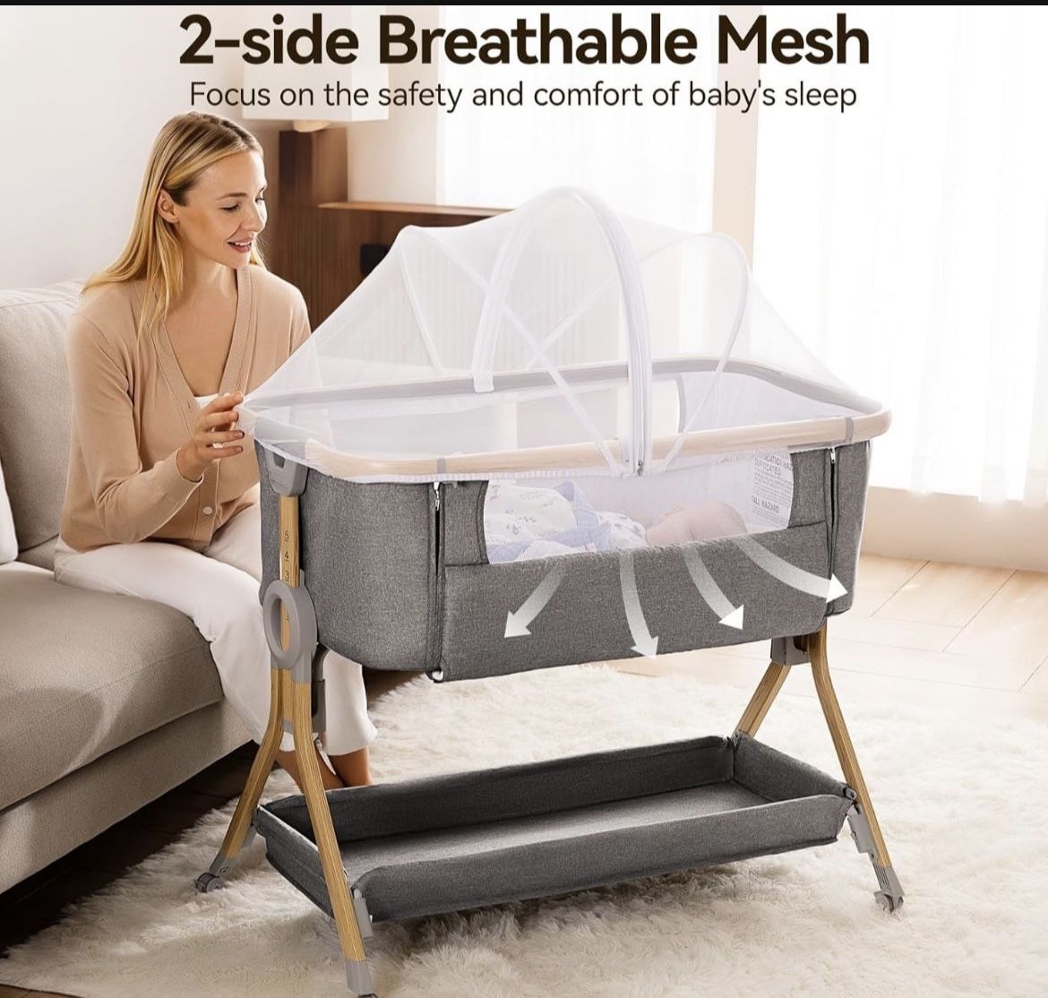 Larex Moisés 3 en 1 para bebé, cuna de noche de malla transpirable para bebé, fácil de montar y plegable, cuna portátil, cuna de noche ajustable de 5 