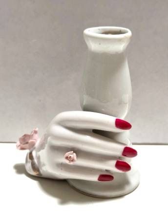 Vintage Collectible Ceramic Freestanding Hand Candle Vase Flowers Plant Holder Home Decoration Accent With Trim Of Gold And Red Nails