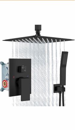 Aolemi Ceiling Shower Faucet with Handheld 12 Inch Head Matte Black Shower Valve and Trim Kit,SUS304 Rain Head and Handle Set System, All Metal,Bathro