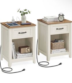 Set of 2 Bedside Tables, Side Tables with Drawer, Open Compartment, for Bedroom, Rustic White and Honey Brown ULET859K41