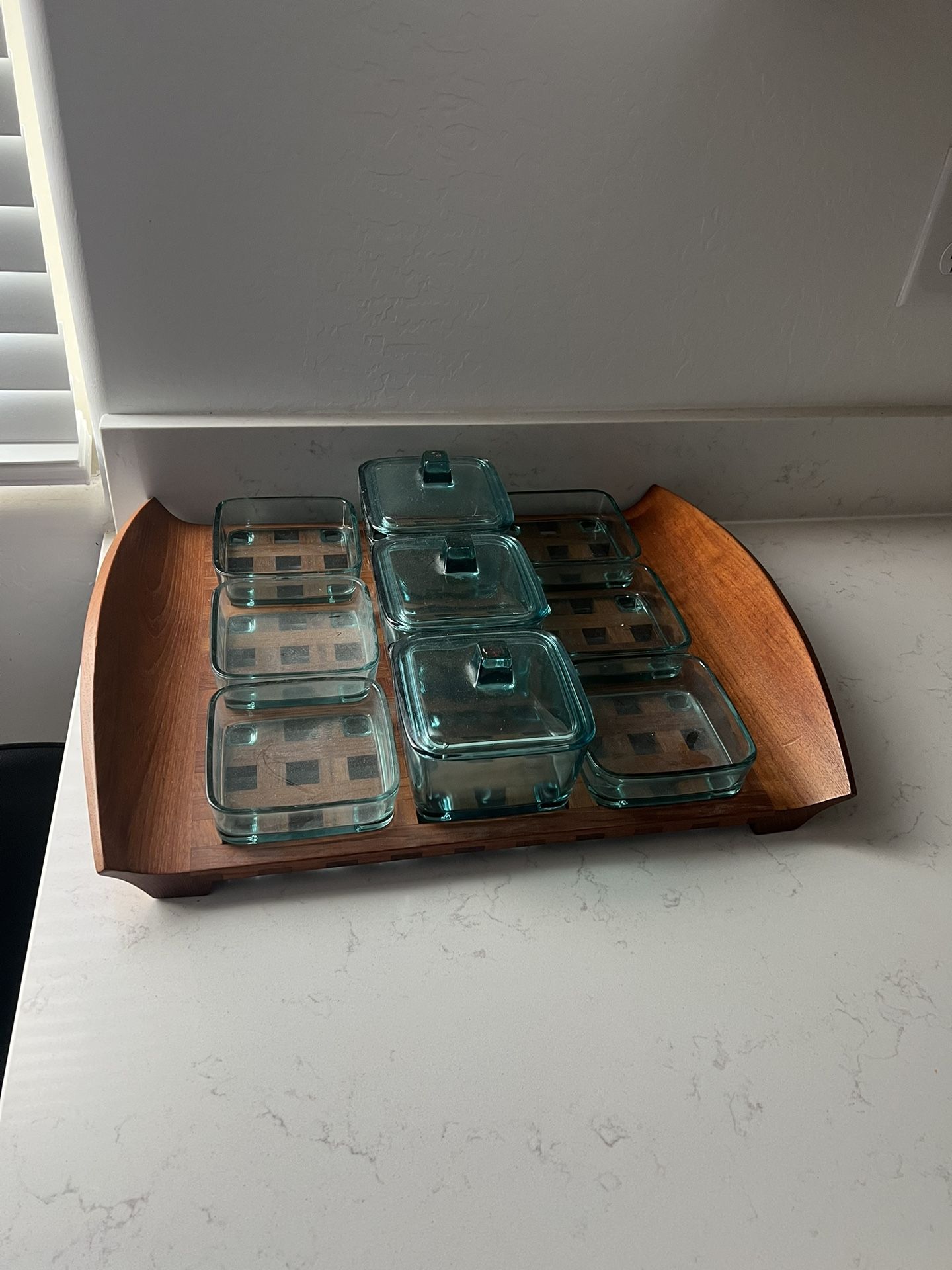 Dansk Teak Lattice Serving Tray With Matching Glass