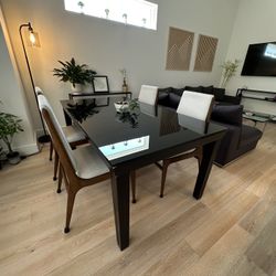 Modern Black Glass Dining Table + 4 Solid Wood Chairs