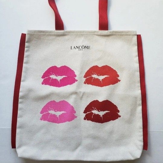 Lancome Lipstick Smooches Tote Bag 13 1/2" x 15", Canvas, Pink, Red Lipstick Like New