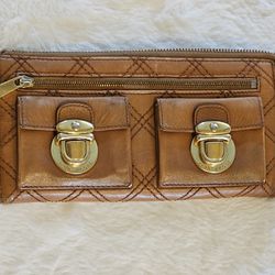 MARC JACOBS Double Pushlock Wallet Top Zip Brown Quilted Leather Clutch