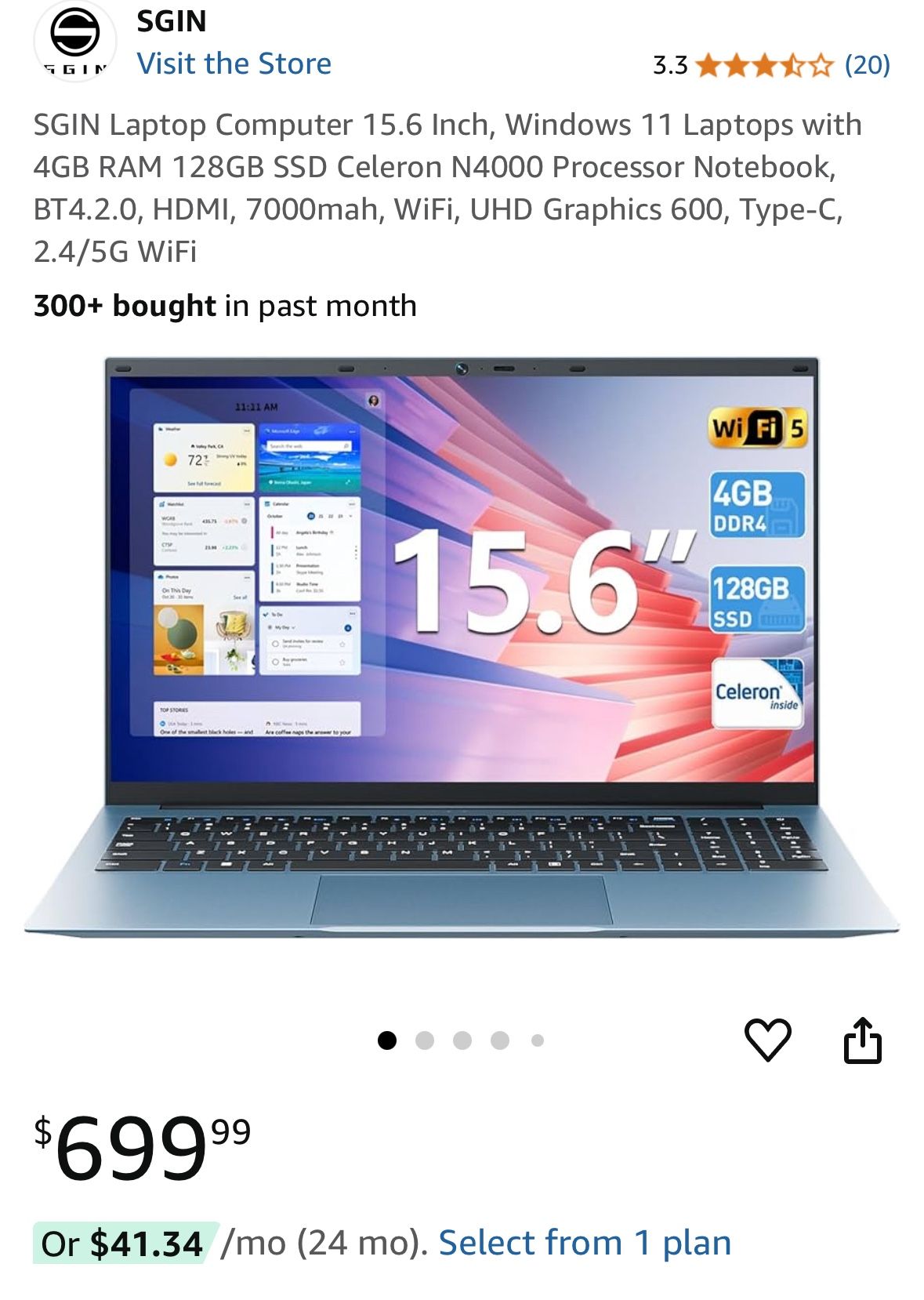 Slim Laptop 15.6 Inch, Windows 11 Laptops with 4GB RAM 128GB SSD Celeron N4000 Processor