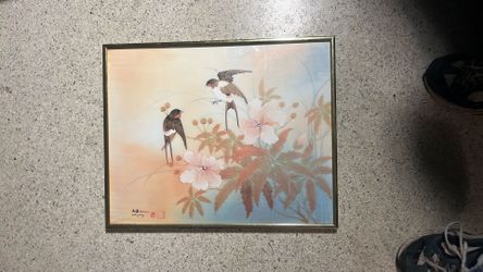 Vintage 1980s Bird & Floral Lithograph – Framed Wall Art