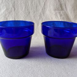 2 LIBBEY COBALT BLUE GLASS FLOWER POT