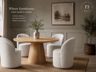 60” Round Dining Table + 4 White Swivel Dining Chairs