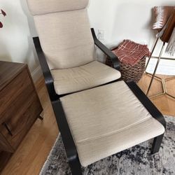 Modern Accent Chair with Ottoman - Beige Fabric & Black Wood Frame