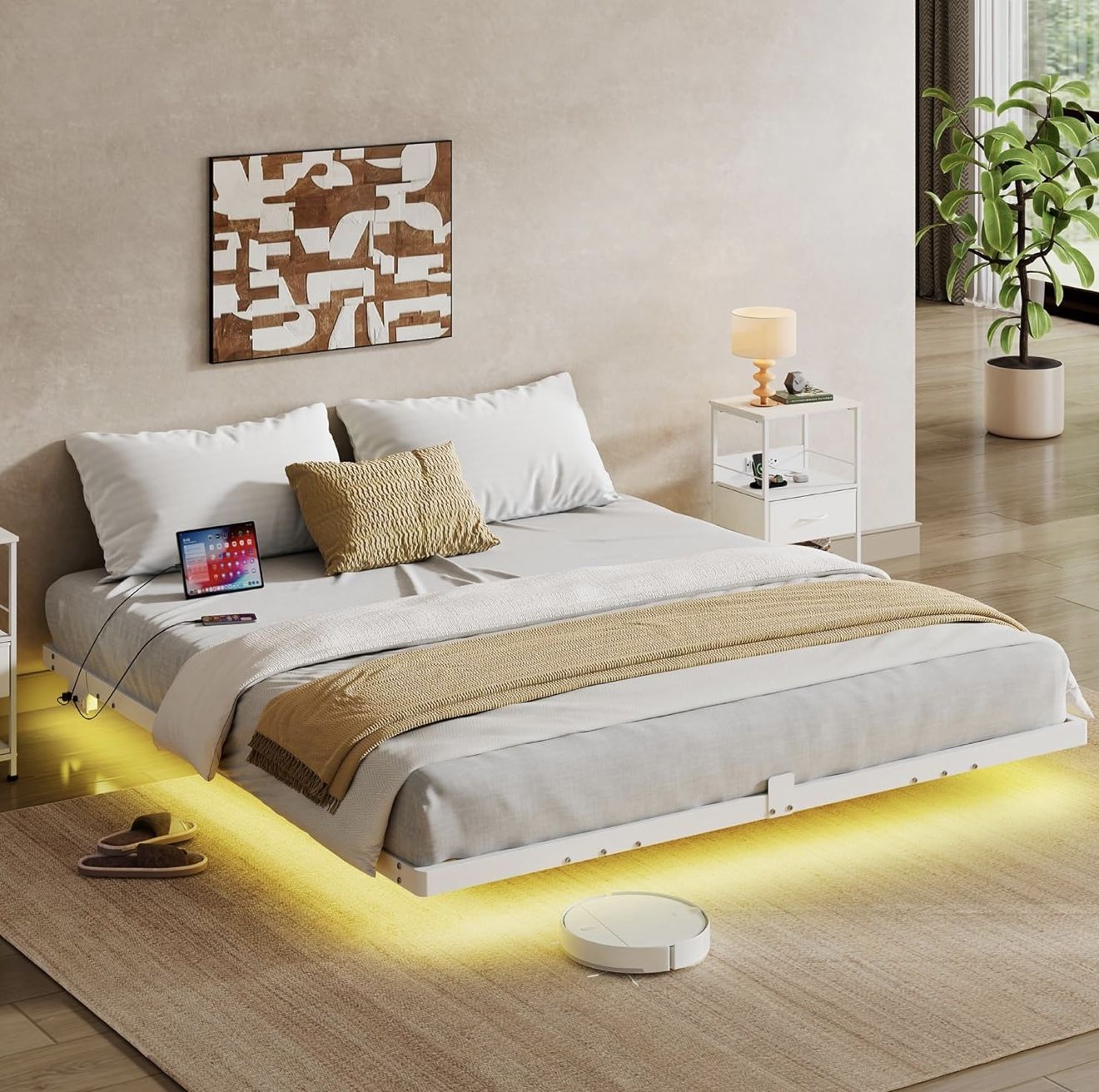 Floating King Bed Frame – 1500 lb Heavy Duty Metal Platform with LED Lights & Charging Station