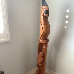 Wood Statue Hand Carved 56” Tall, Parrot Cockatoo Birds On Tree Branch