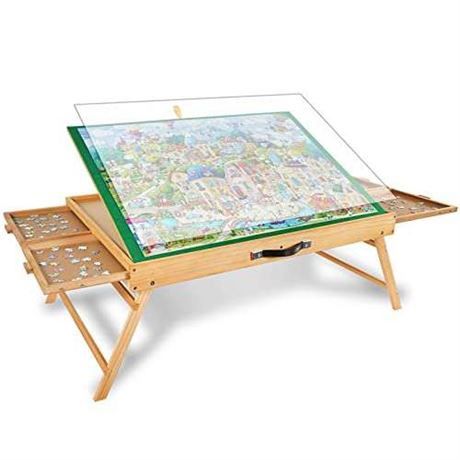 1500PCS Portable Puzzle Table with Legs, 25"x34"Adjustable Jigsaw Wooden Puzzle Board with 4 Drawers & Cover Birthday Gift for mom, 3-Tilting-Angle Ji