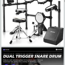 Vangoa Electric Drum Set 8-Pieces with 40W Portable Drum Amp Bundle Set, Quiet Mesh Drumheads, Cymbals, Heavy Duty Pedals, 480 Sounds, USB MIDI, Thron