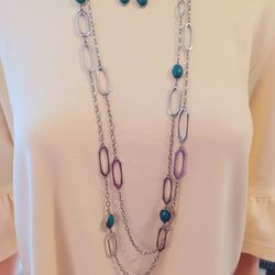 Faux Turquoise And Silvertone Necklace And Earrings Set 
