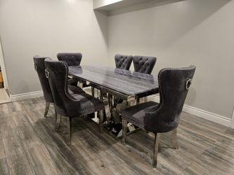 Grey Marble Dining Table with 6 Charcoal Velvet Knocker Chairs