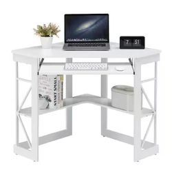 Corner Desk, 29.5 in. W Triangle White Computer Desk, Wooden Desk, Sturdy Steel Frame