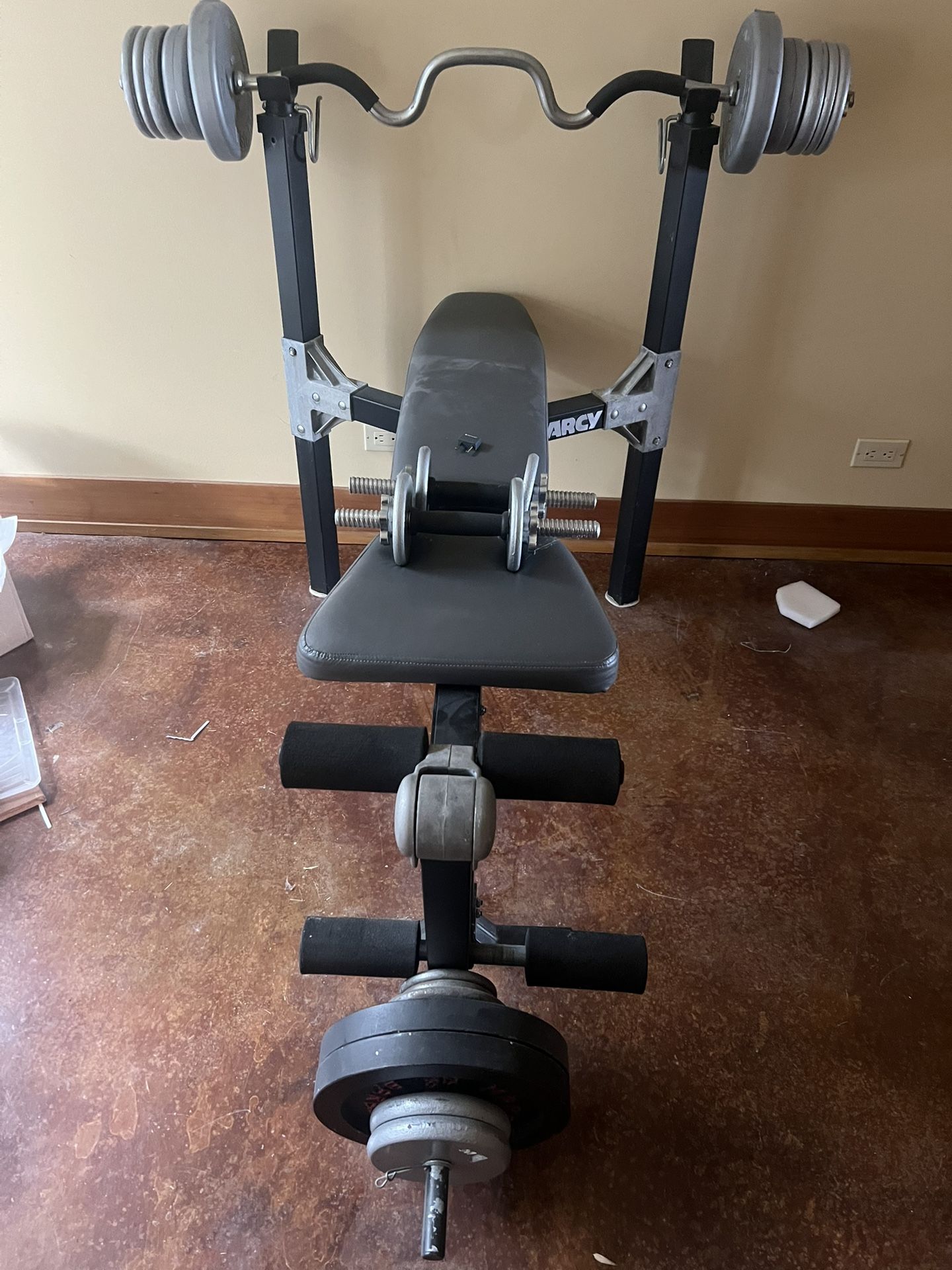 Adjustable Bench Press , EZ Curl bar, and weights
