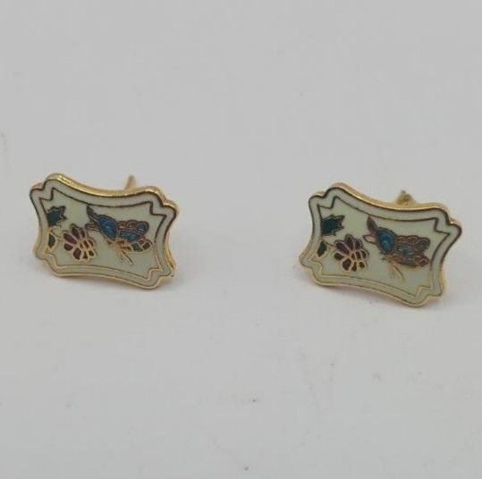 Vintage Cloisonné Butterfly Flower Gold Tone Earrings