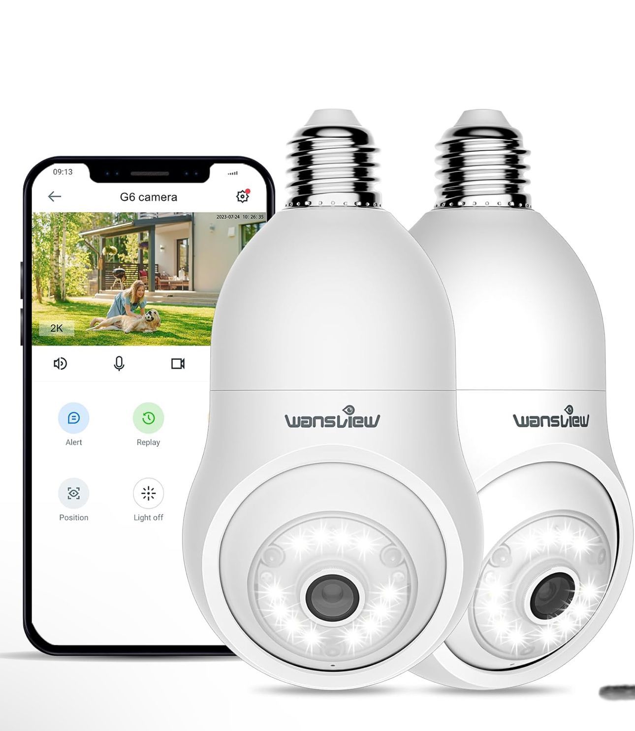 wansview Bulb Security Camera Outdoor - 2.4G WiFi Security Camera Wireless Outdoor Indoor for Home Security, 2K Color Night Vision, 360° Human Detecti