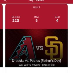 Arizona Diamondbacks Single Ticket(1) Vs. SD Padres 6/15