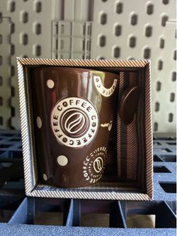 Brown Ceramic Coffee Mug & Spoon Gift Set