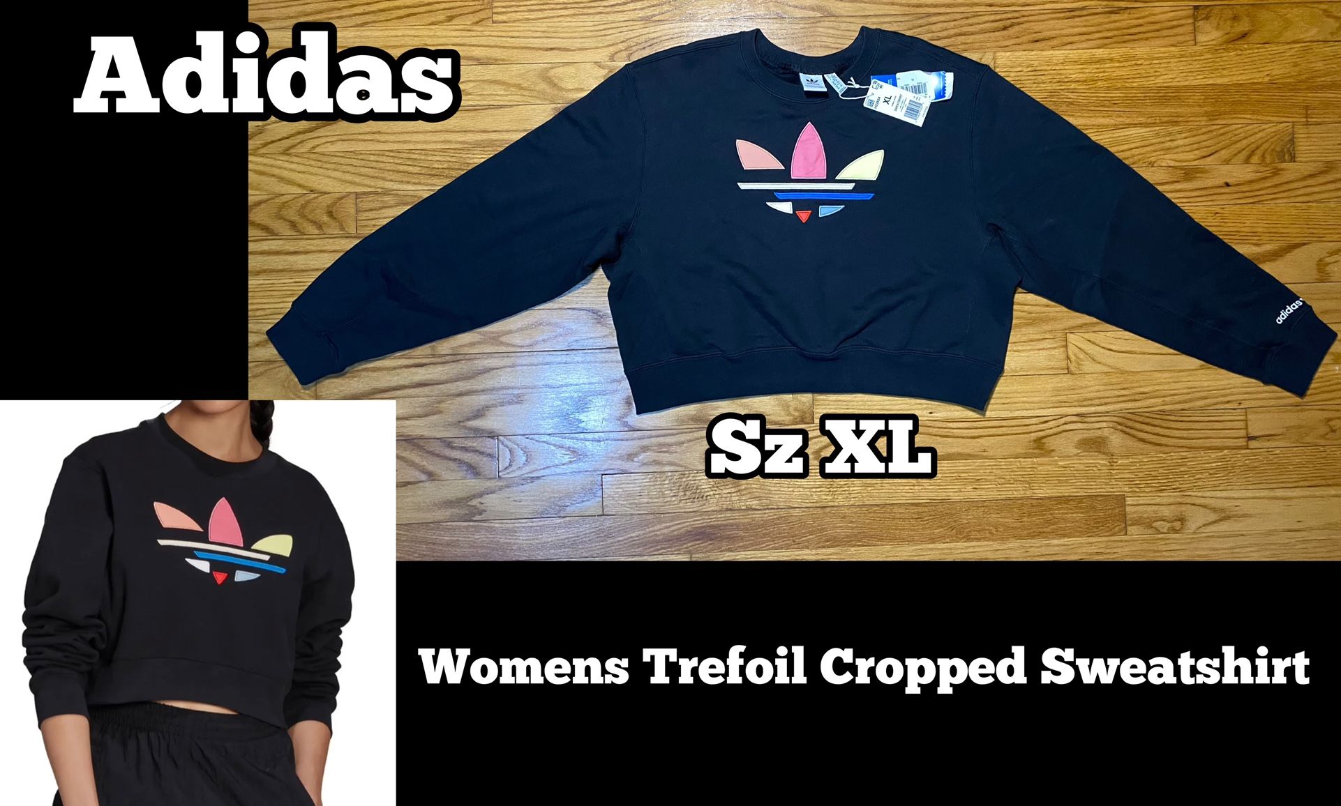 adidas Womens Black Shattered Trefoil Cropped Sweatshirt Size XL New!!!
