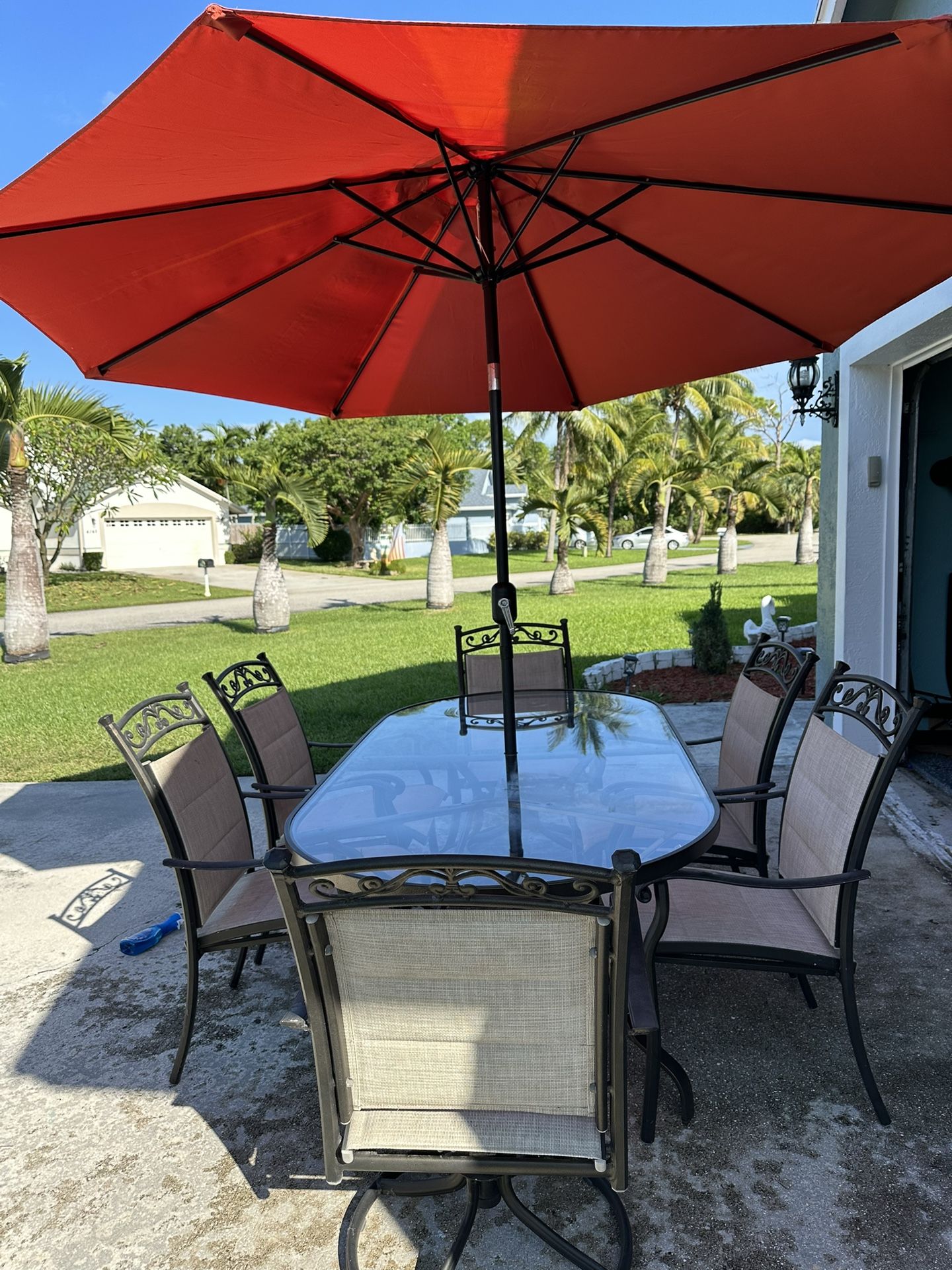 outdoor table set with umbrella