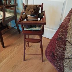 DOLL High Chair. Vtg.  Solid.  PLUS BEAR