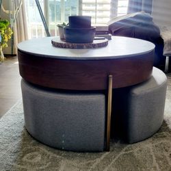 Modern Round Lift-Top Coffee Table Set With Storage & 3 Ottomans White & Walnut