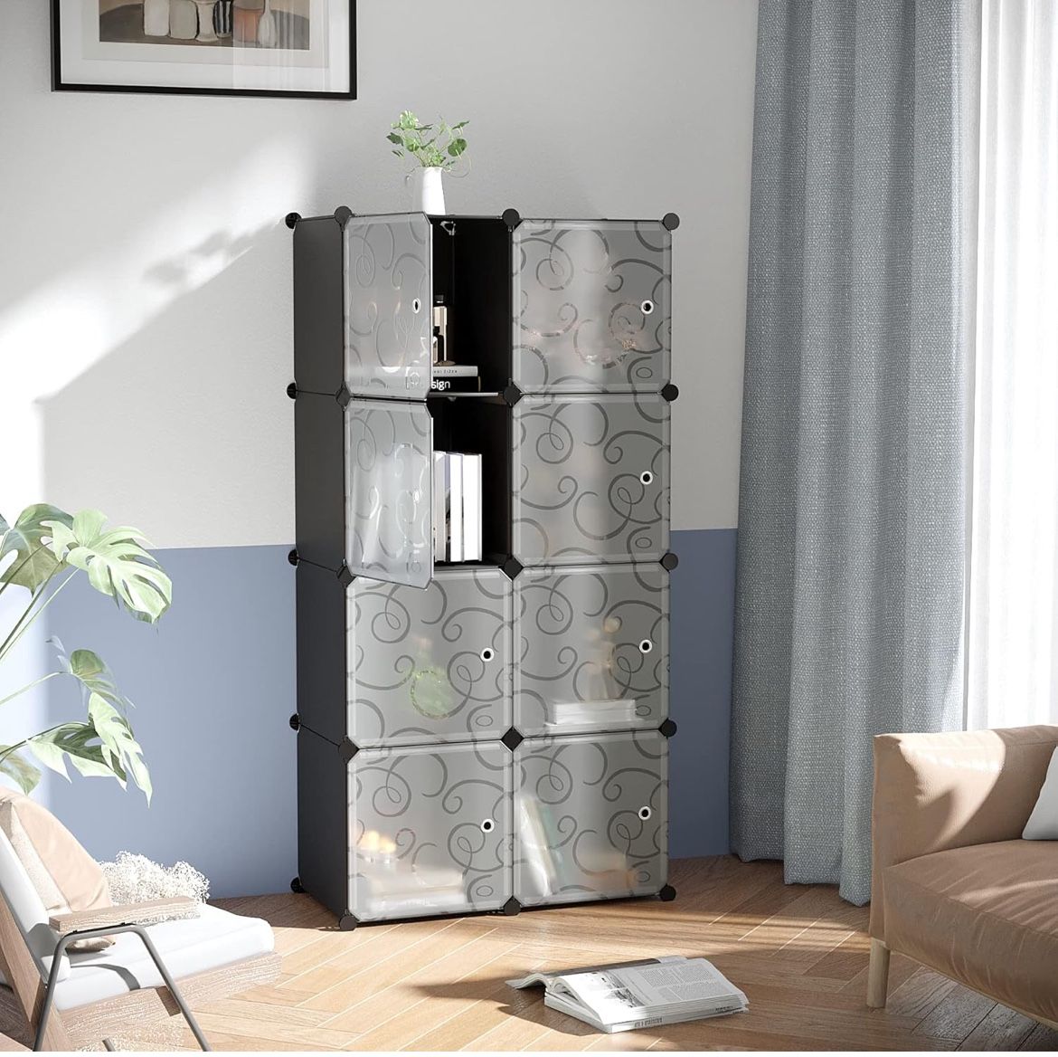Cube Storage Organizer with Doors, 8-Cube Shelves, Closet Cabinet, DIY Plastic Modular Bookshelf, Storage Shelving Ideal for Bedroom, Living Room, 24.