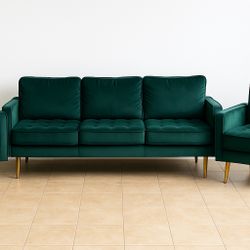 Green Velvet Couch Set – Sofa, Loveseat, Chair