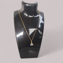 RAW AQUAMARINE GEMSTONE PENDANT WITH 18" GOLD PLATED CABLE NECKLACE 
