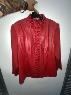 VTG Peter Nygard 100% Red Leather & Knit Jacket Satin Rosettes Embellishment 2X