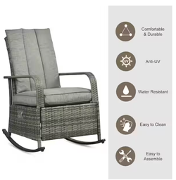 Outdoor Rattan Rocking Chair Patio Recliner with Soft Cushions,