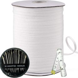 Elastic Band for Sewing 100 Yards Elastic String White DIY Mask Soft Cord for Mask Rope Roll with Needles and Soft Tape Measure Double Scale Knit
