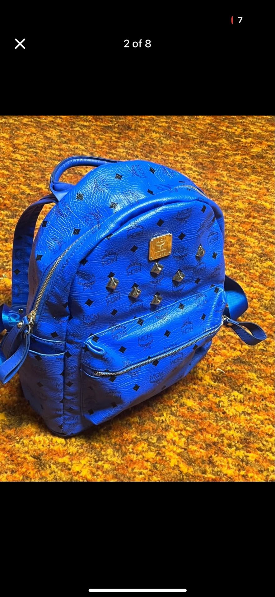 Authentic MCM Rucksack Studded Blue Leather Backpack Large