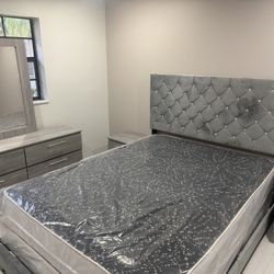 Queen Size Bedroom Set With Two Nightstand, Dresser, Mirror, And Mattresses Set. All New Furniture Free Delivery Free Installed 