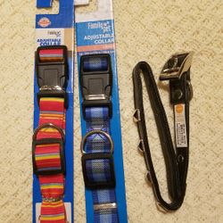 Bundle of  3 adjustable Dog Collars size Large 
Please see all pictures one is studded Leather and other 2 are cloth.

Please go to my page and see ot