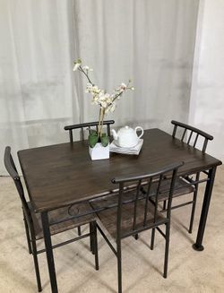 Compact Wood & Iron Kitchen Dining Table & 4 Chairs