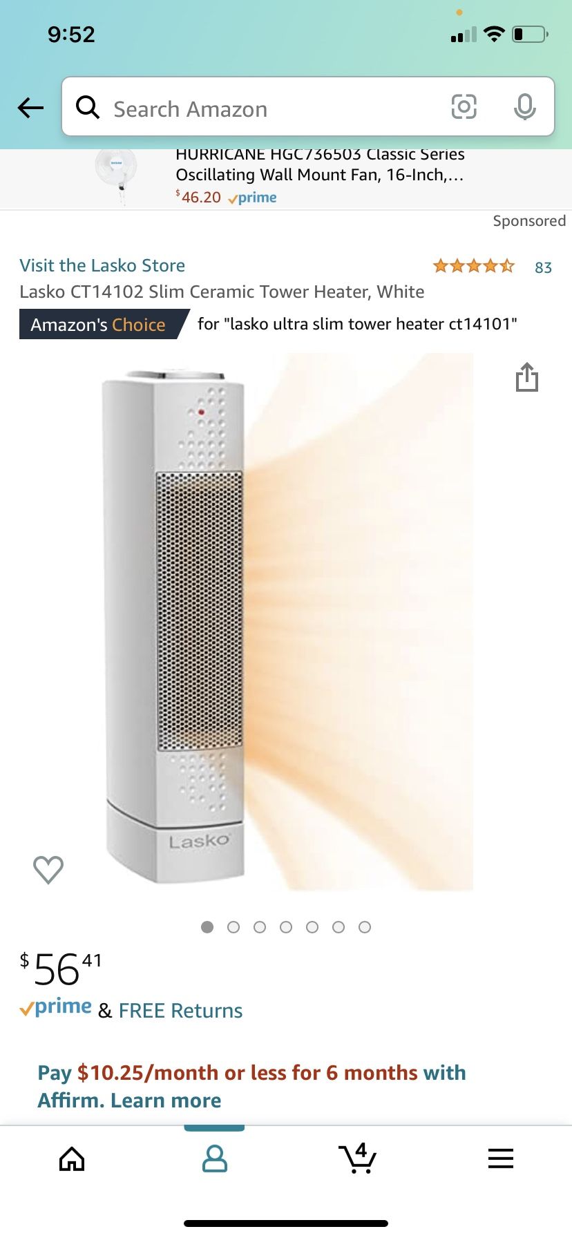 Lasko CT14102 Slim Ceramic Tower Heater, Black 