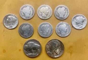 6 Silver Barbor Dimes , 2 Buffalo Nickels ,2 90% Silver Mercury Dimes