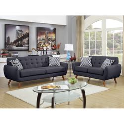 Beautiful Mid-century DarkGrey Sofa Loveseat Set Tufted Backrest Wood Peg Legs Pillows Included Retro Style Furniture Brand New In Box Firm Price $599