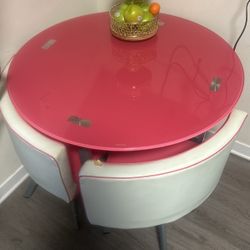 Pink Compact Glass Top Kitchen Table With 4 Chairs 
