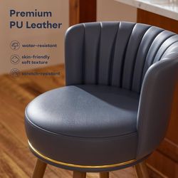 Counter Height Bar Stools Set of 2, 26 inch Swivel Upholstered Barstools with Backs, Blue Leather Kitchen Stools with Wood Legs and Footrest, Bar Chai