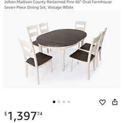 Jofran Madison County Reclaimed Pine 66" Oval Farmhouse Seven-Piece Dining Set, Vintage White